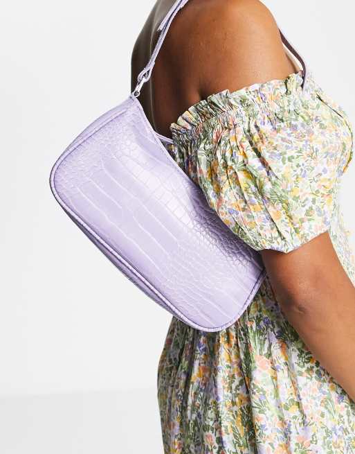 Monki faux croc 00s shoulder bag in lilac