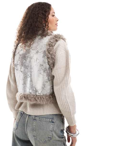 Monki faux fur aviator gilet with shearling trims in distressed silver - view 1