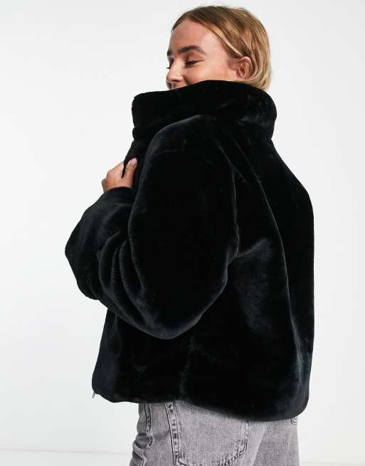 Monki faux fur zip 2025 hooded coat in black