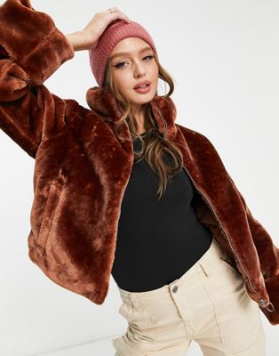 Monki faux fur boxy zip through jacket in rust