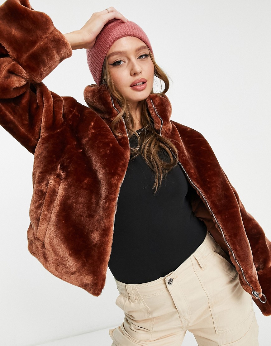 Monki faux fur boxy zip through jacket in rust-Copper