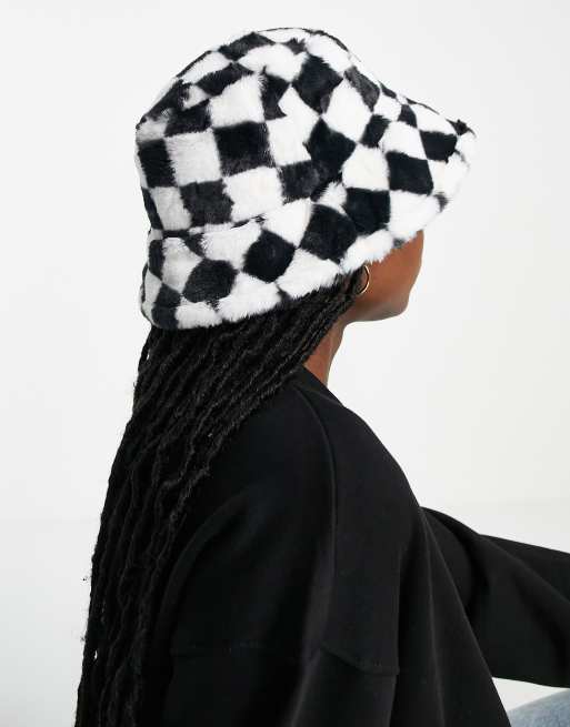 Monki faux fur checkerboard bucket hat in black and white , 3 of 4