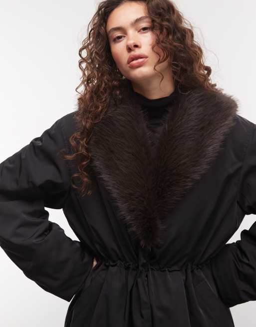 Monki faux fur cinched puffer coat in black, 2 of 4