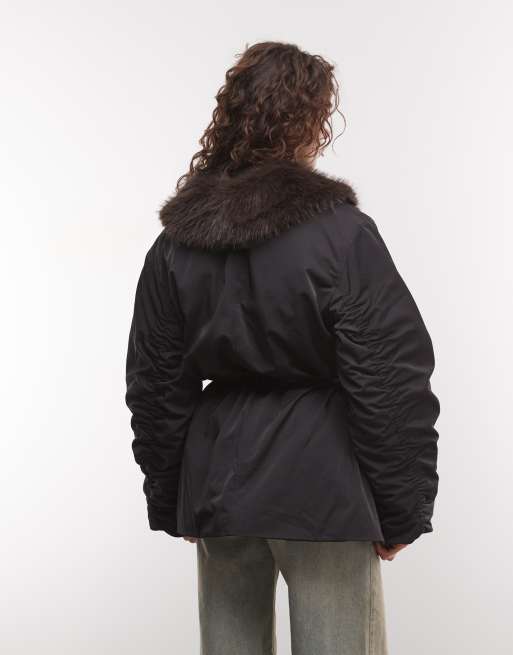 Monki faux fur cinched puffer coat in black, 3 of 4