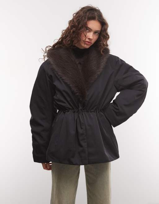 Monki faux fur cinched puffer coat in black, 4 of 4