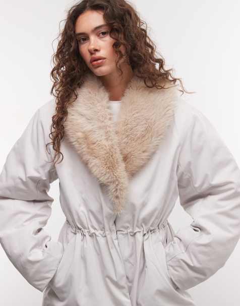 Monki faux fur cinched puffer coat in cream - view 1