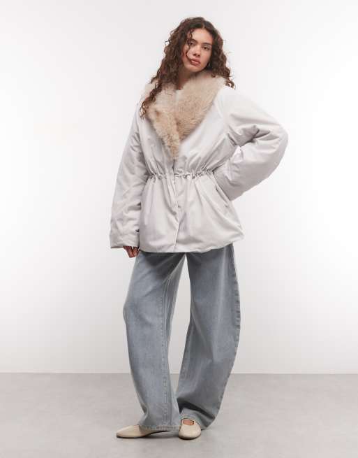 Monki faux fur cinched puffer coat in cream, 2 of 4