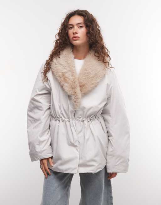 Monki faux fur cinched puffer coat in cream, 3 of 4