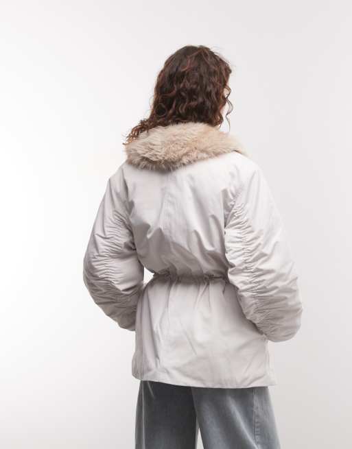 Monki faux fur cinched puffer coat in cream, 4 of 4