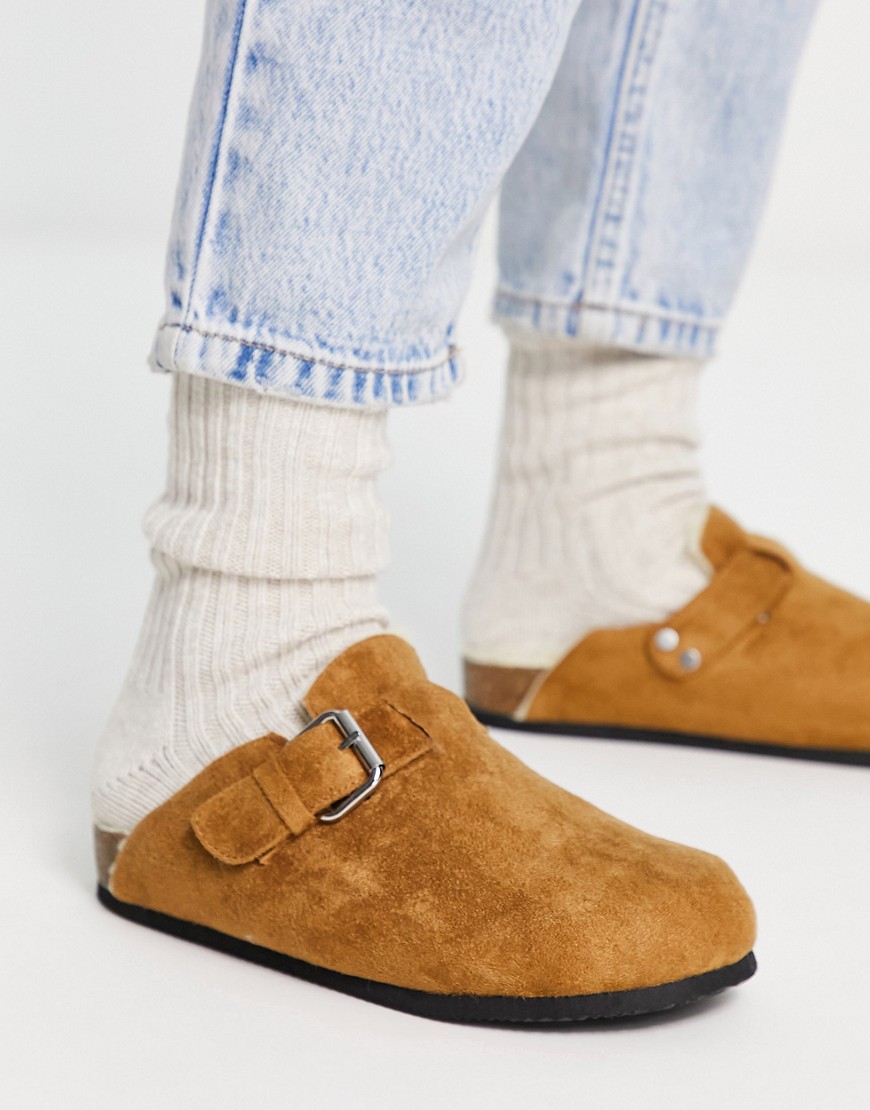Monki Faux Suede Clog With Buckle In Brown