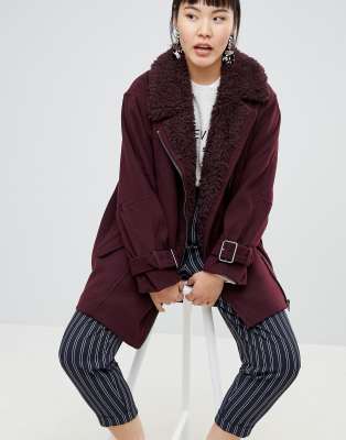 Monki Faux Fur Collar Coat-Red