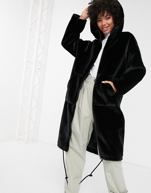 Monki faux fur hooded midi coat in black
