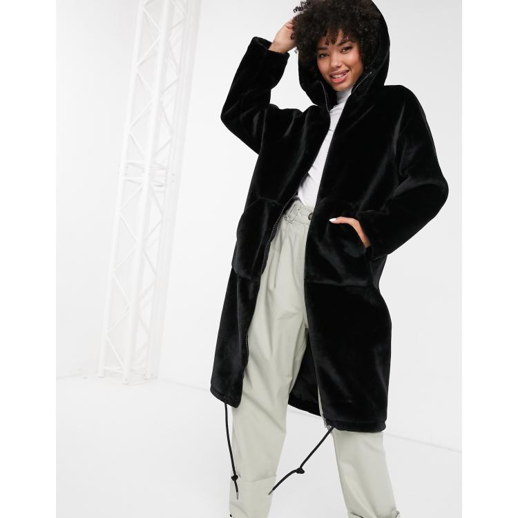 Monki faux fur hooded midi coat in black | ASOS