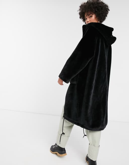 Black hooded faux hot sale fur midi coat