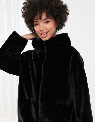 monki faux fur zip hooded coat in black