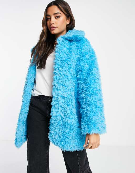 Monki faux fur jacket in bright blue | ASOS