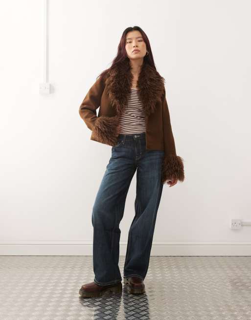 Monki faux fur jacket in chocolate brown, 2 of 4