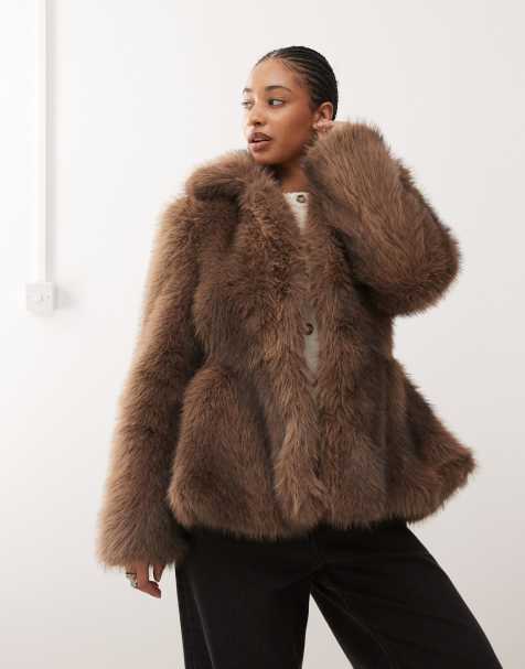Monki faux fur jacket with peplum hem in chocolate brown - view 1