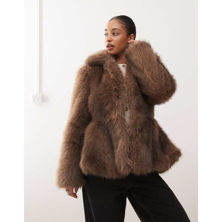 Monki faux fur jacket with peplum hem in chocolate brown | ASOS