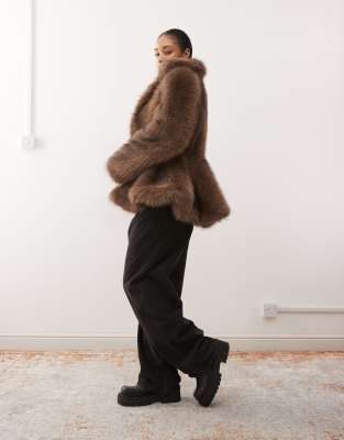 Monki Faux Fur Jacket With Peplum Hem In Brown