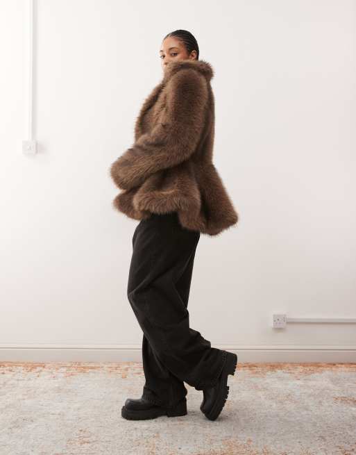 Monki faux fur jacket with peplum hem in chocolate brown