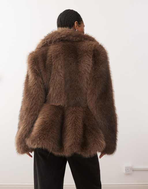 Monki faux fur jacket with peplum hem in chocolate brown | ASOS