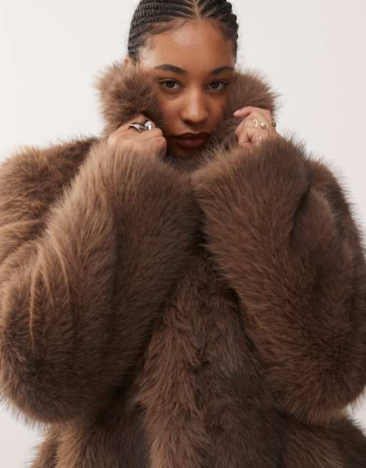 Monki faux fur jacket with peplum hem in chocolate brown