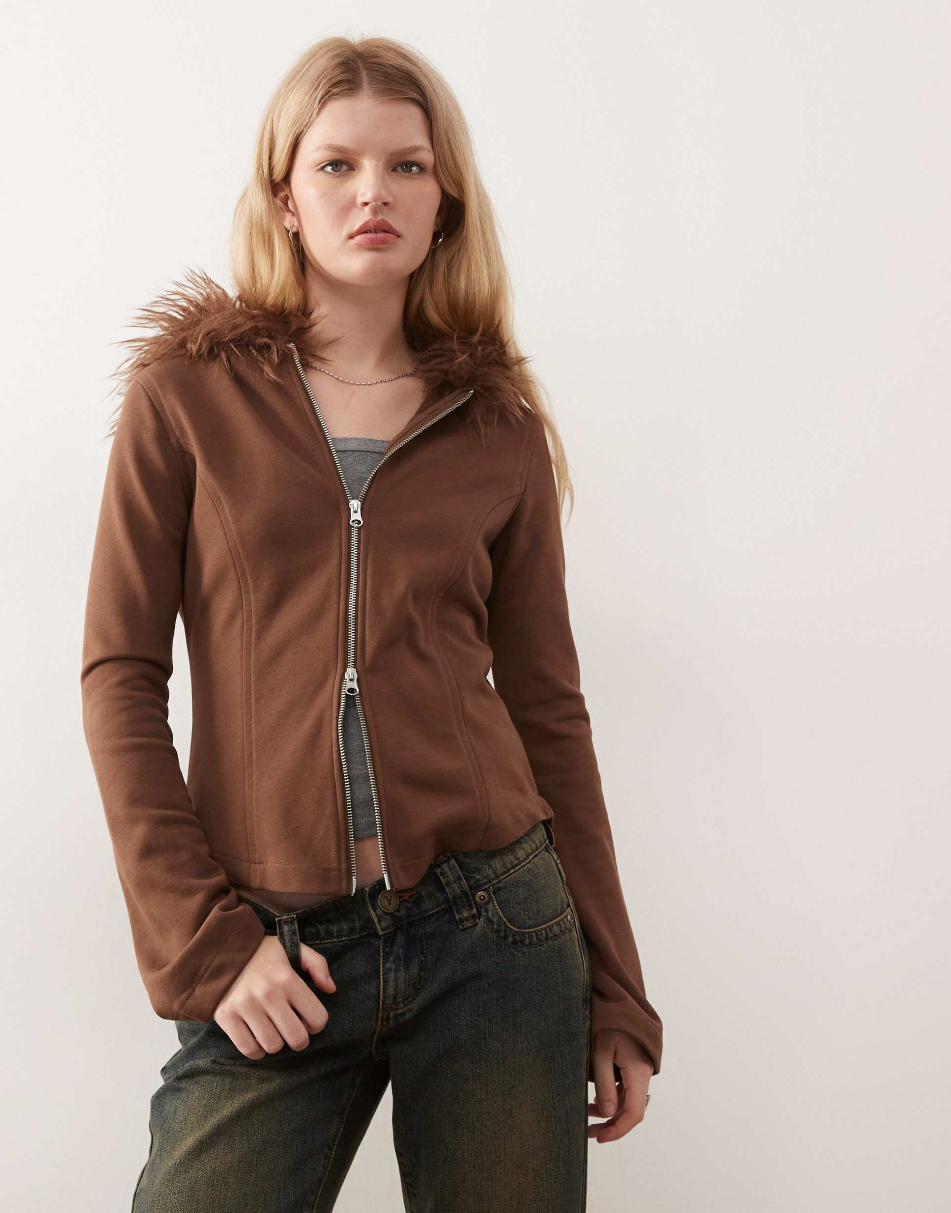 monki faux fur jersey hoodie in light brown