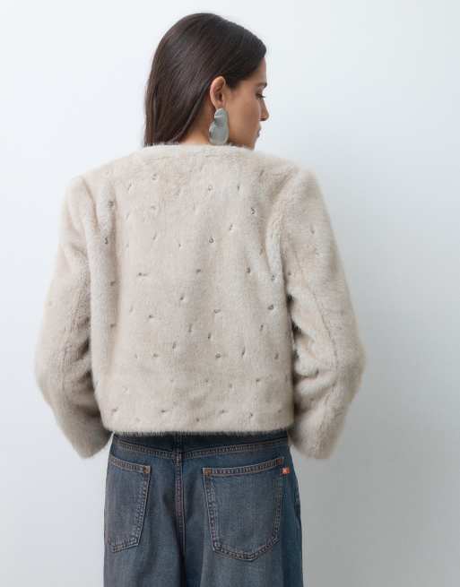 Monki faux-fur-Mantel mit Strass in Taupe, 4 von 5