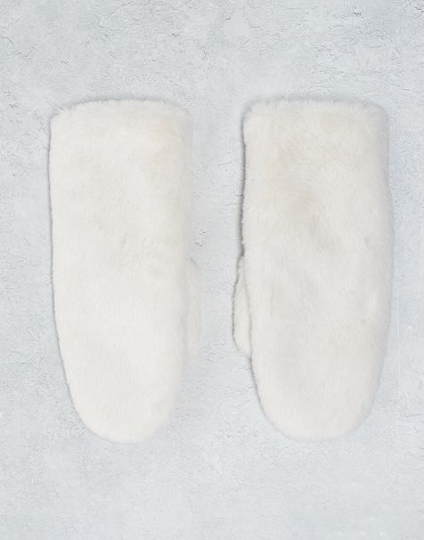 Monki faux fur mittens in off white - view 1