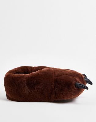 Monki faux fur monster feet slippers in brown