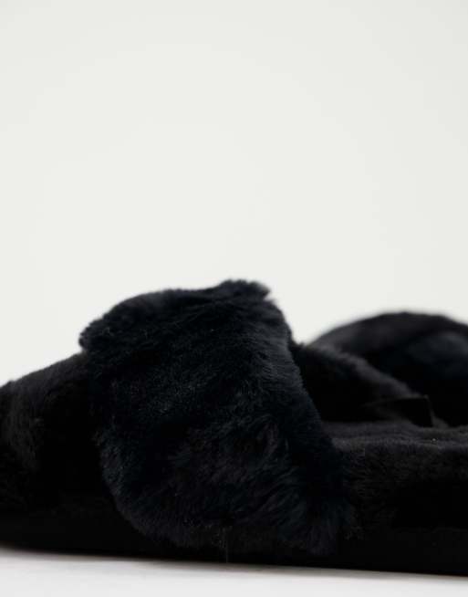 Black fur mule slippers hot sale