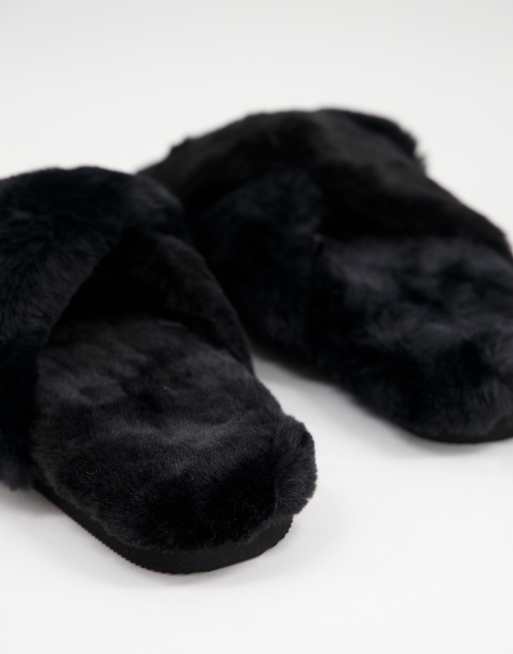 Monki faux fur mule slippers in black |