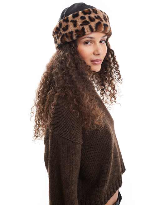 Monki faux fur nylon short hat in black leopard print | ASOS
