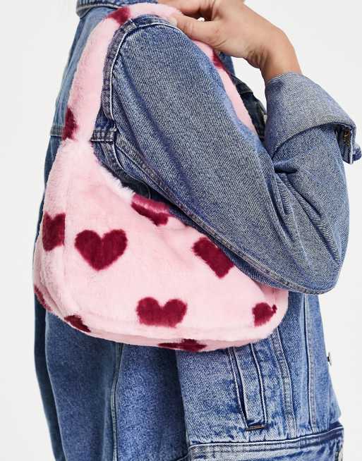 Monki faux fur shoulder bag in pink heart print ASOS