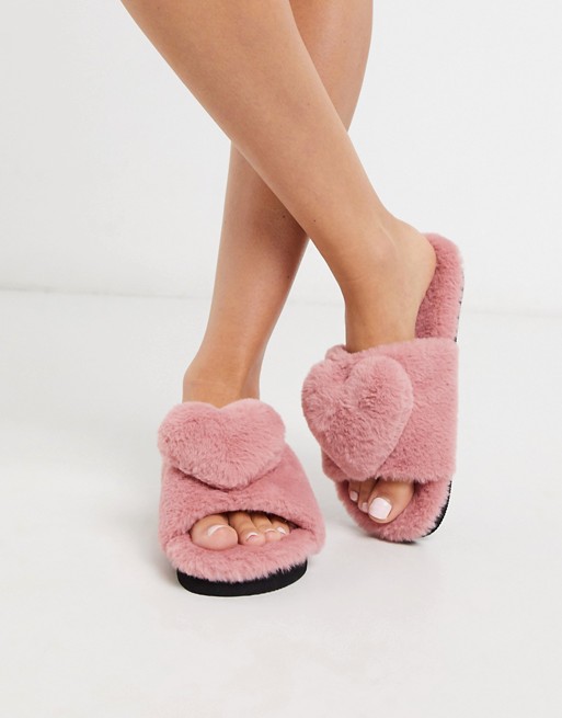Monki faux fur slippers in pink
