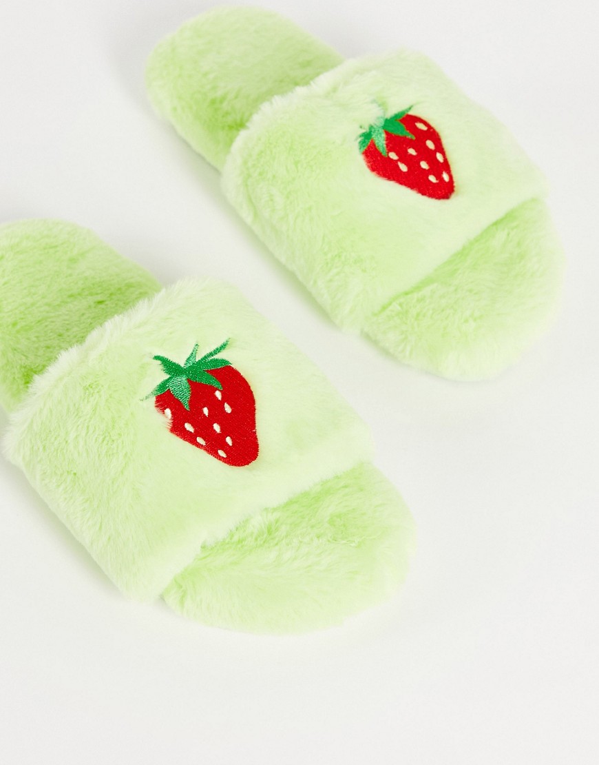 Monki Faux Fur Strawberry Slippers In Green