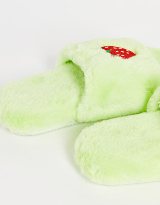 Monki faux fur strawberry slippers in green, 2 of 4