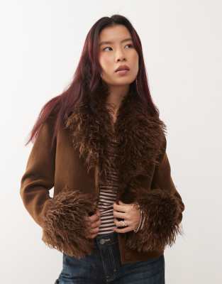 Monki Faux Fur Suede Jacket In Brown