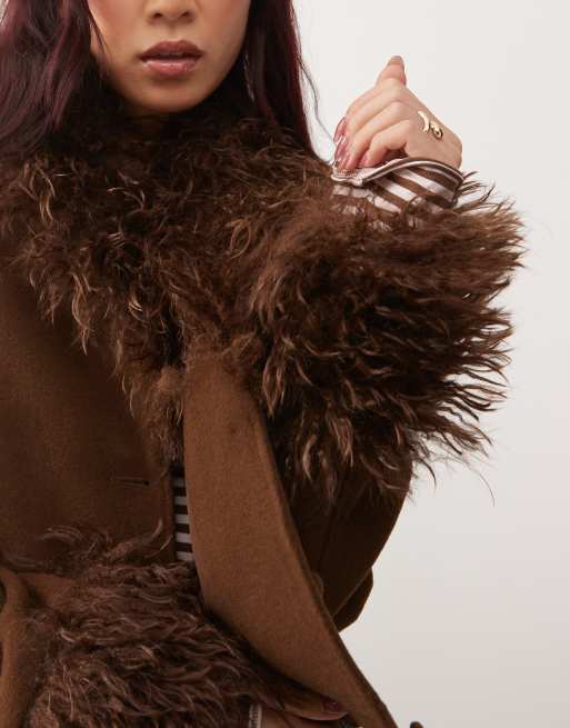 Monki faux fur suede jacket in chocolate brown