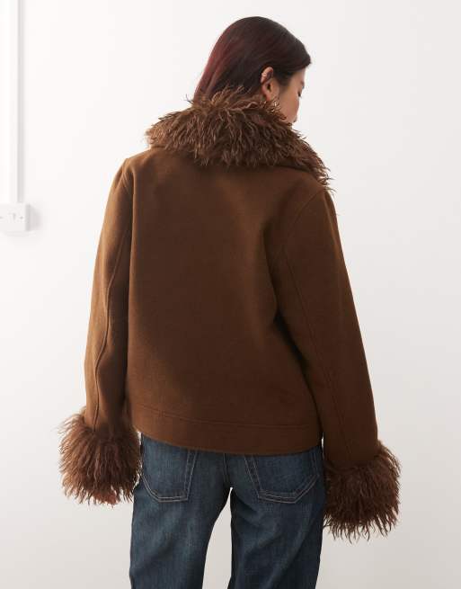 Monki faux fur suede jacket in chocolate brown | ASOS