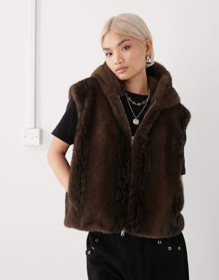 Monki Faux Fur Vest With Hood In Brown