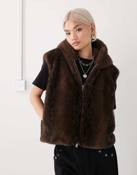 Monki faux fur vest with hood in chcolate brown - view 1