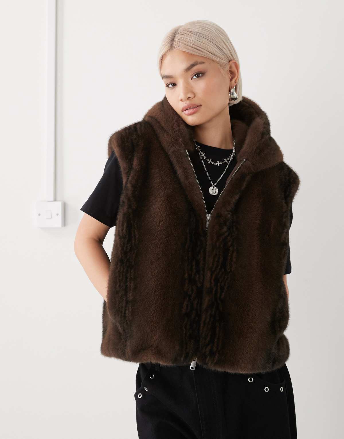 Monki faux fur vest with hood in chcolate brown