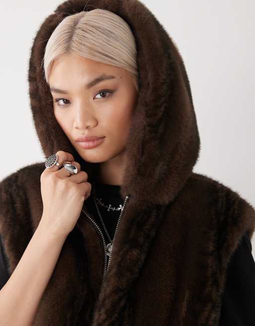 Monki faux fur vest with hood in chcolate brown | ASOS