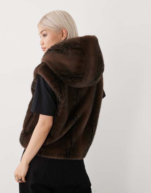 Monki faux fur vest with hood in chcolate brown | ASOS