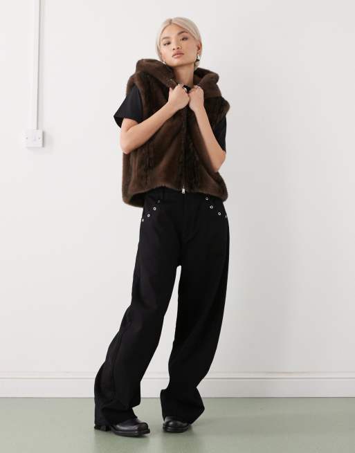 Monki faux fur vest with hood in chcolate brown | ASOS