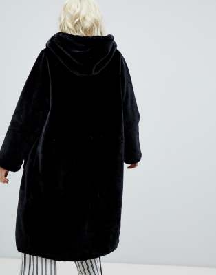 monki faux fur zip hooded coat in black