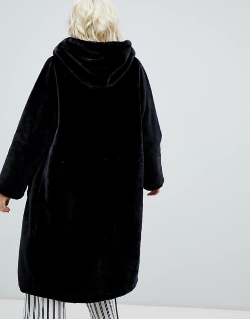 Monki faux fur zip hooded coat in black online