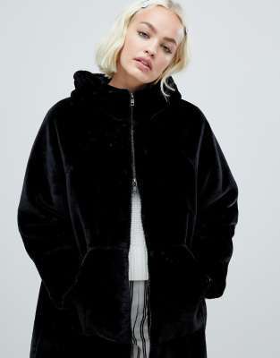 monki faux fur zip hooded coat in black